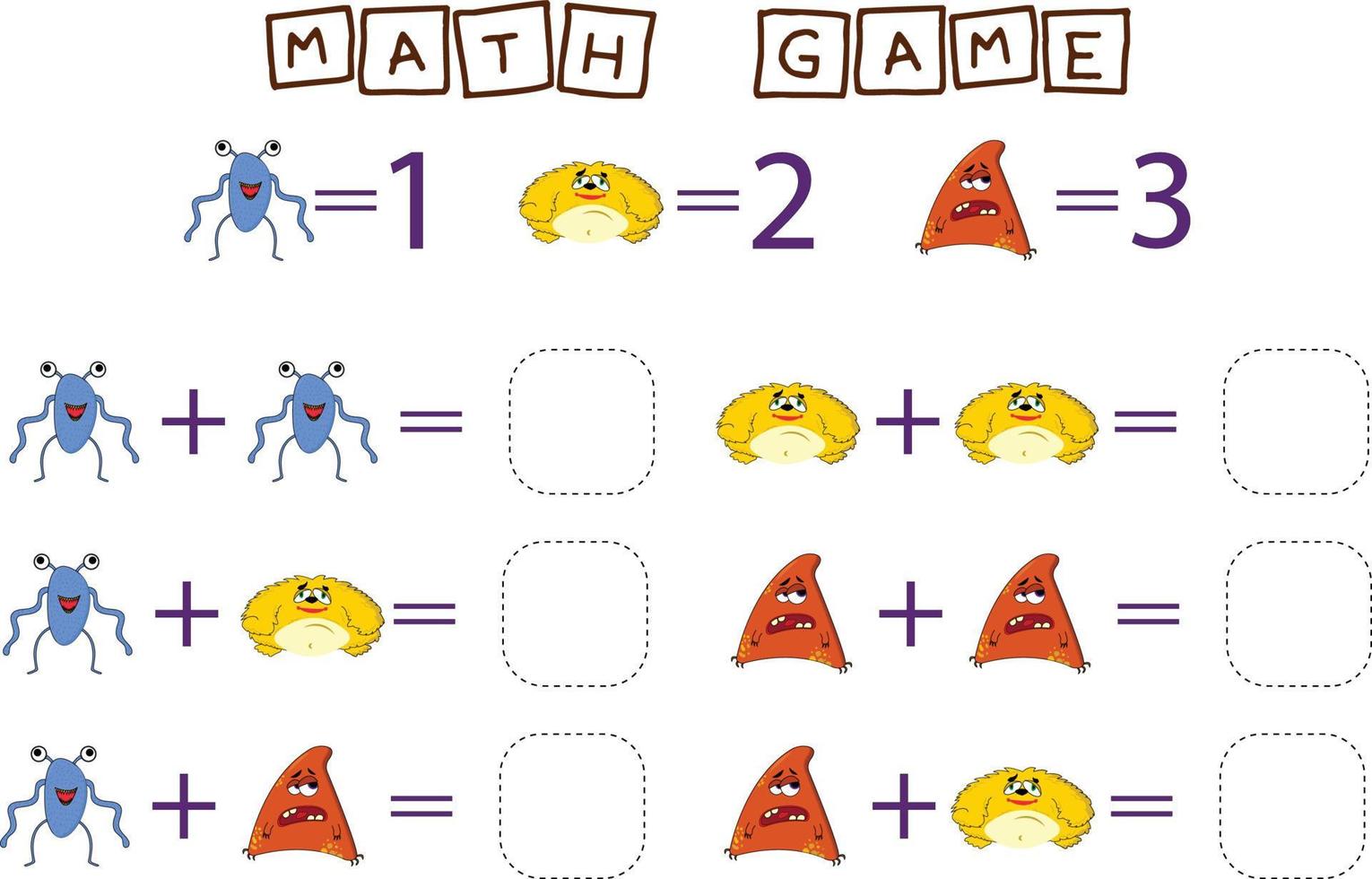 counting game with monsters. Preschool worksheet, kids activity sheet, printable worksheet vector