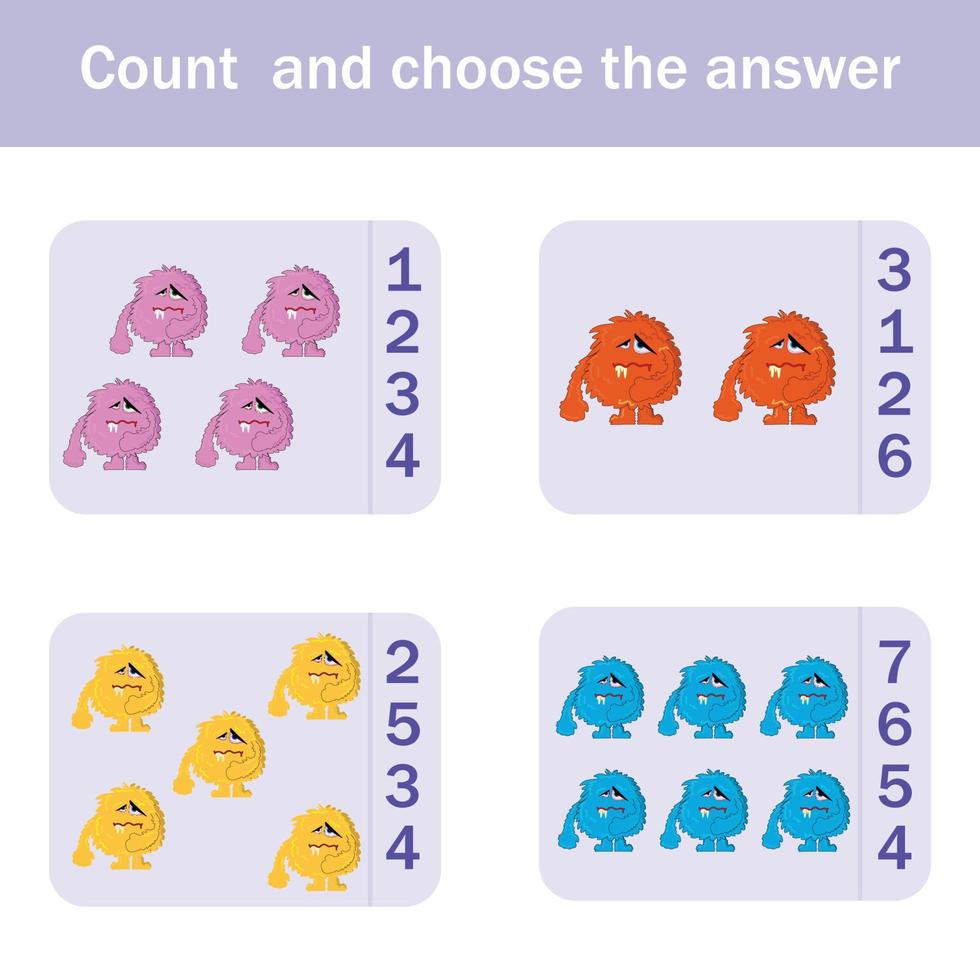 Counting Game for Preschool Children.  Count how many  monsters vector
