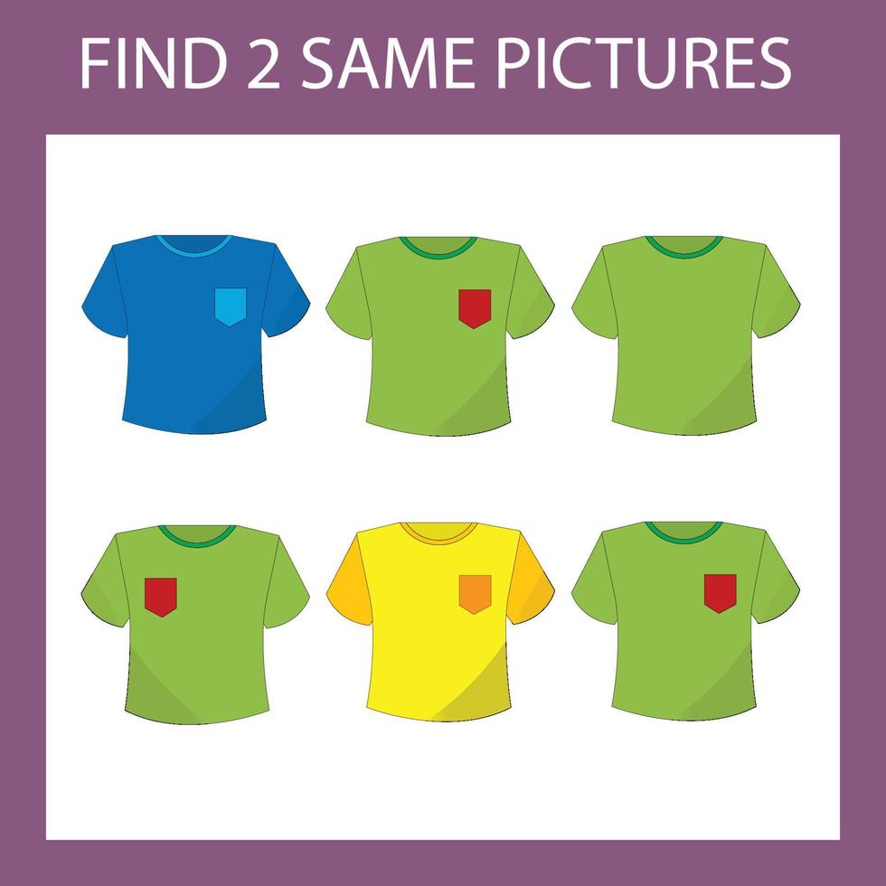 Find a pair game with colorful t shirt.  Worksheet for preschool kids, kids activity sheet, printable worksheet vector