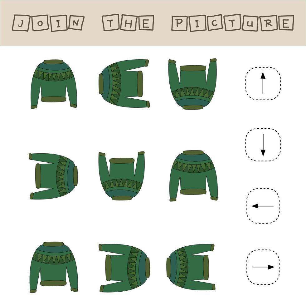 Match cartoon sweaters and directions up, down, left and right. Educational game for children. vector