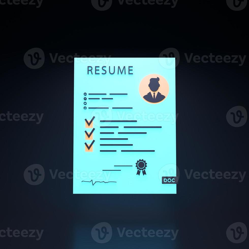 Resume neon icon on black background. 3d render illustration. photo