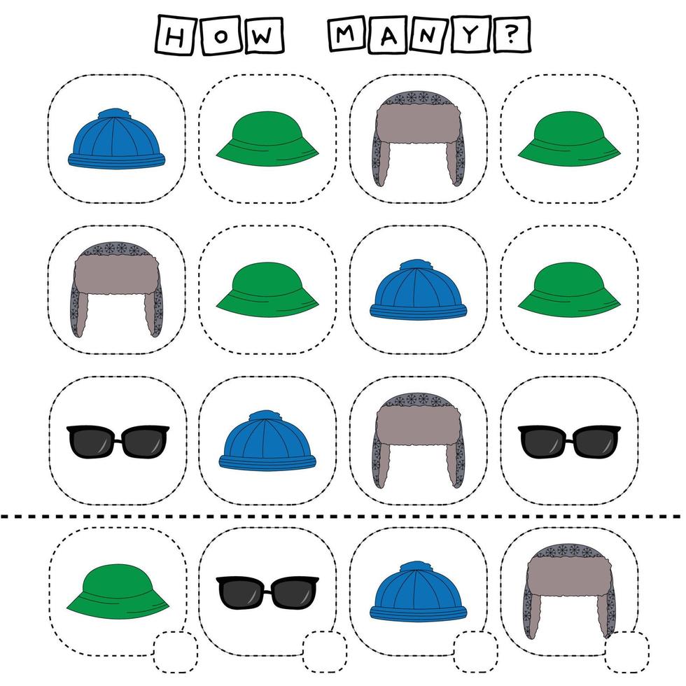 How many counting game with  hat,panama,sunglasses Preschool worksheet, kids activity sheet, printable worksheet vector