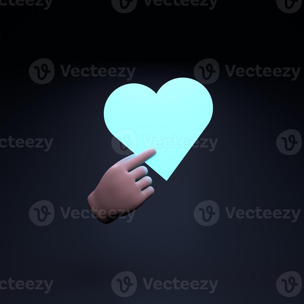 A hand holds a neon heart on a black background. photo