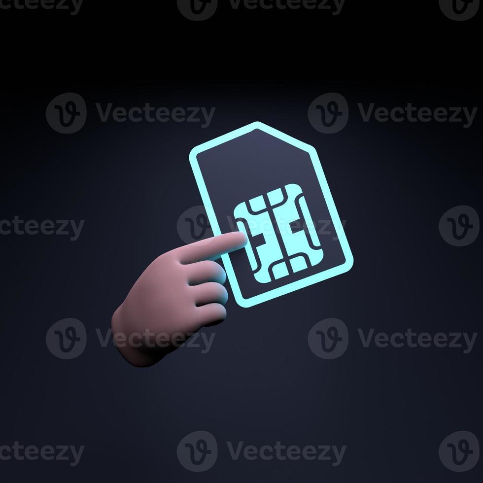 mano que sostiene el icono de la tarjeta sim de neón. Ilustración de procesamiento 3d. foto