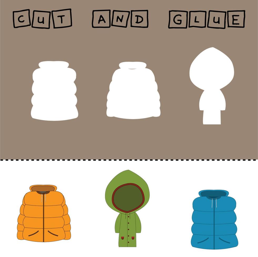 Vector illustration of outerwear with shadows. paper game for the development of preschoolers. Cut out parts of the image and glue the jackets. Fun game for kids and kids