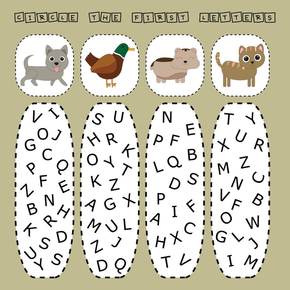 find the first letter of the name animals and connect. vector