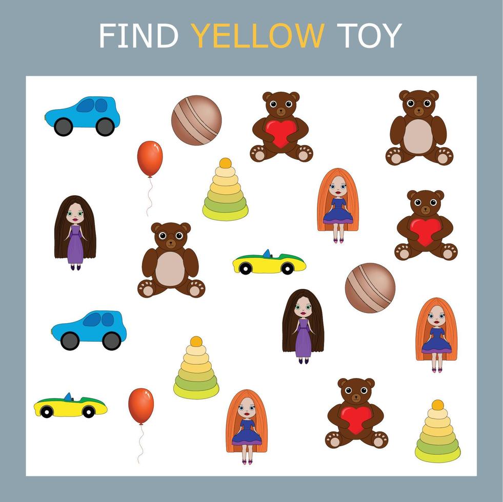 Find yellow toys. Preschool worksheet, worksheet for kids, printable worksheet vector