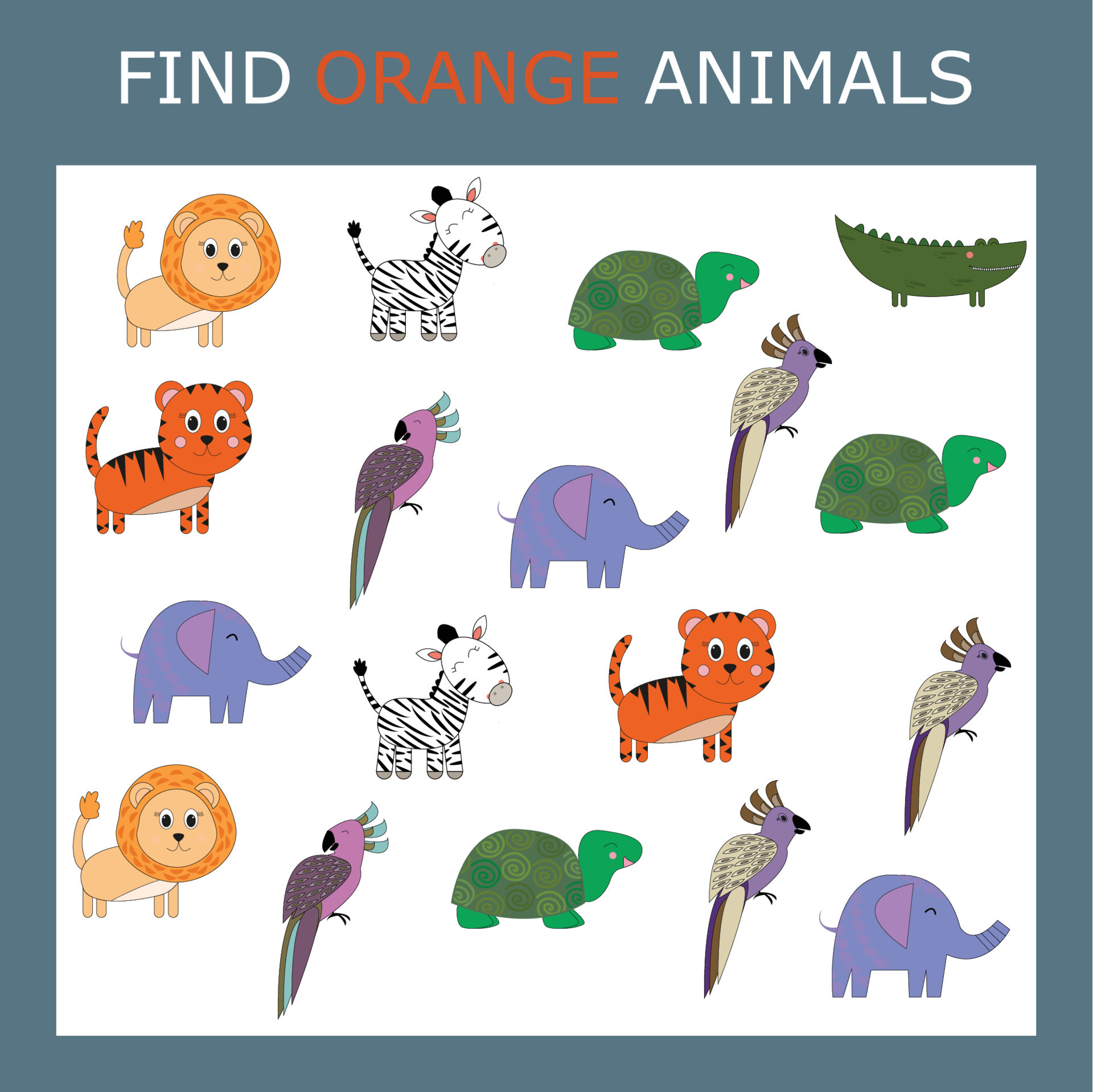 Educational activity for kids, find the orange animal among the colorful  ones. Logic game for children. 8926485 Vector Art at Vecteezy