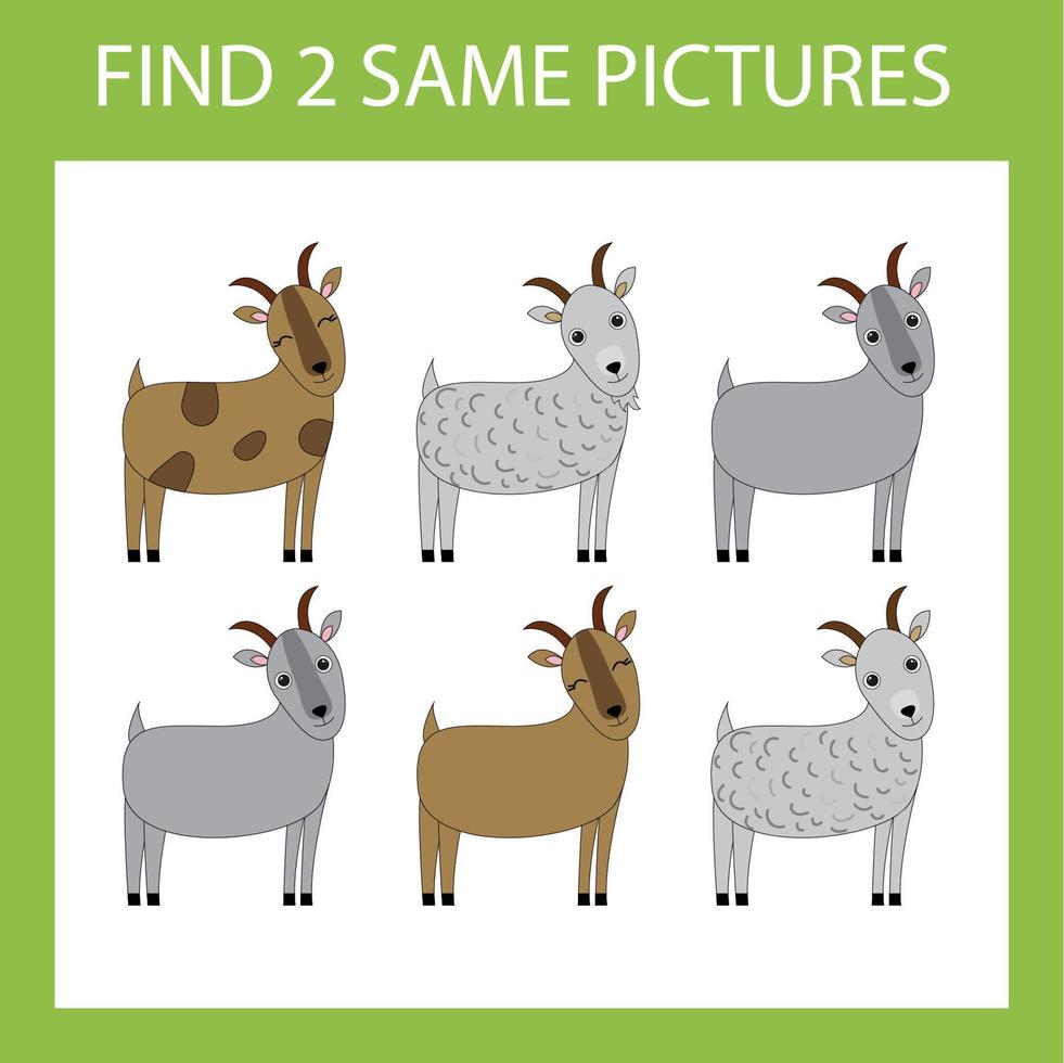 Find a pair game with funny  goats.  Worksheet for preschool kids, kids activity sheet, printable worksheet vector