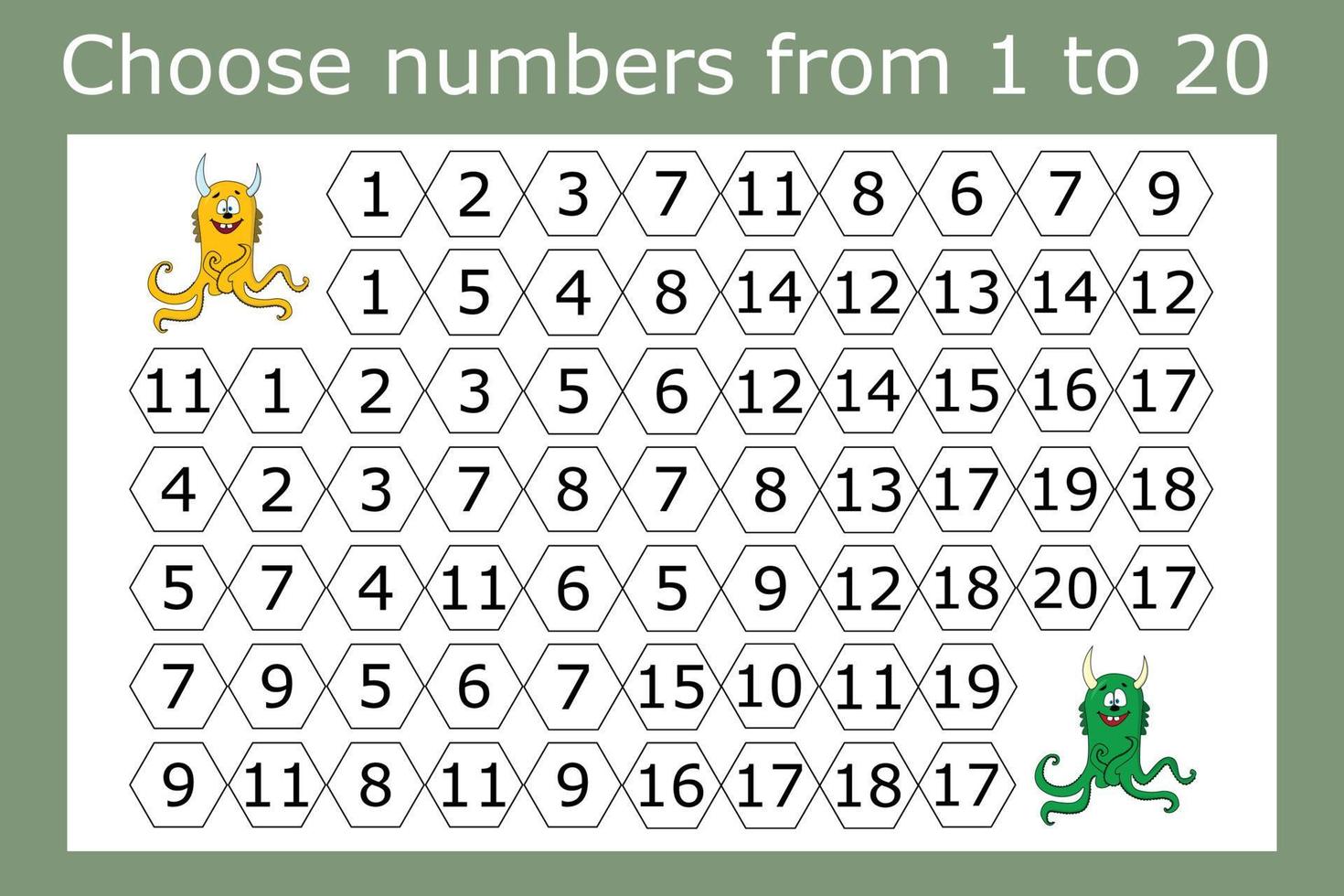 The task is to go through a maze of numbers from 1 to 20. Educational exercises for preschool children vector