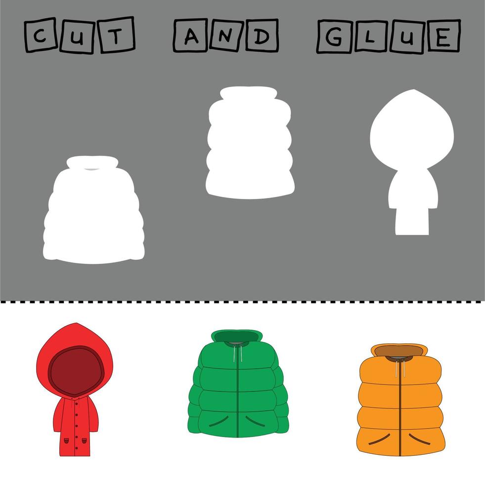 Vector illustration of outerwear with shadows. paper game for the development of preschoolers. Cut out parts of the image and glue the jackets. Fun game for kids and kids