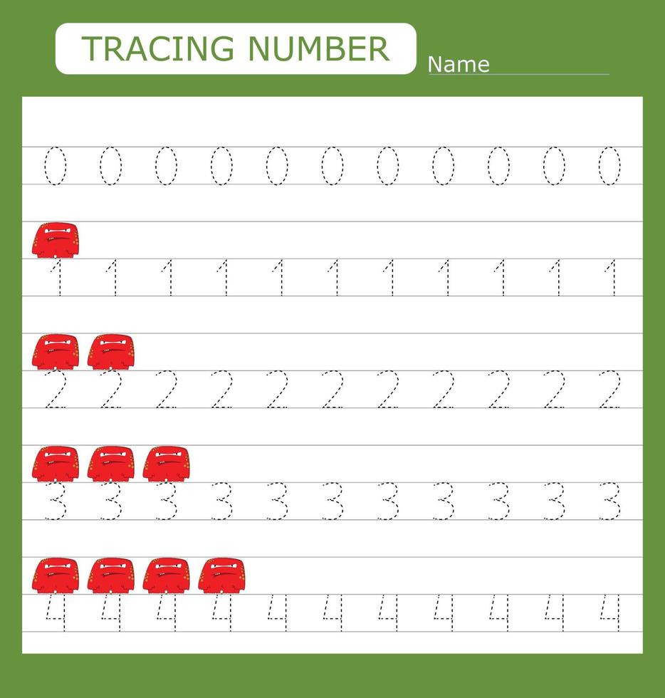 Numbers for kids. Worksheet for kindergarten and preschool. Training to write and count numbers with funny monsters vector