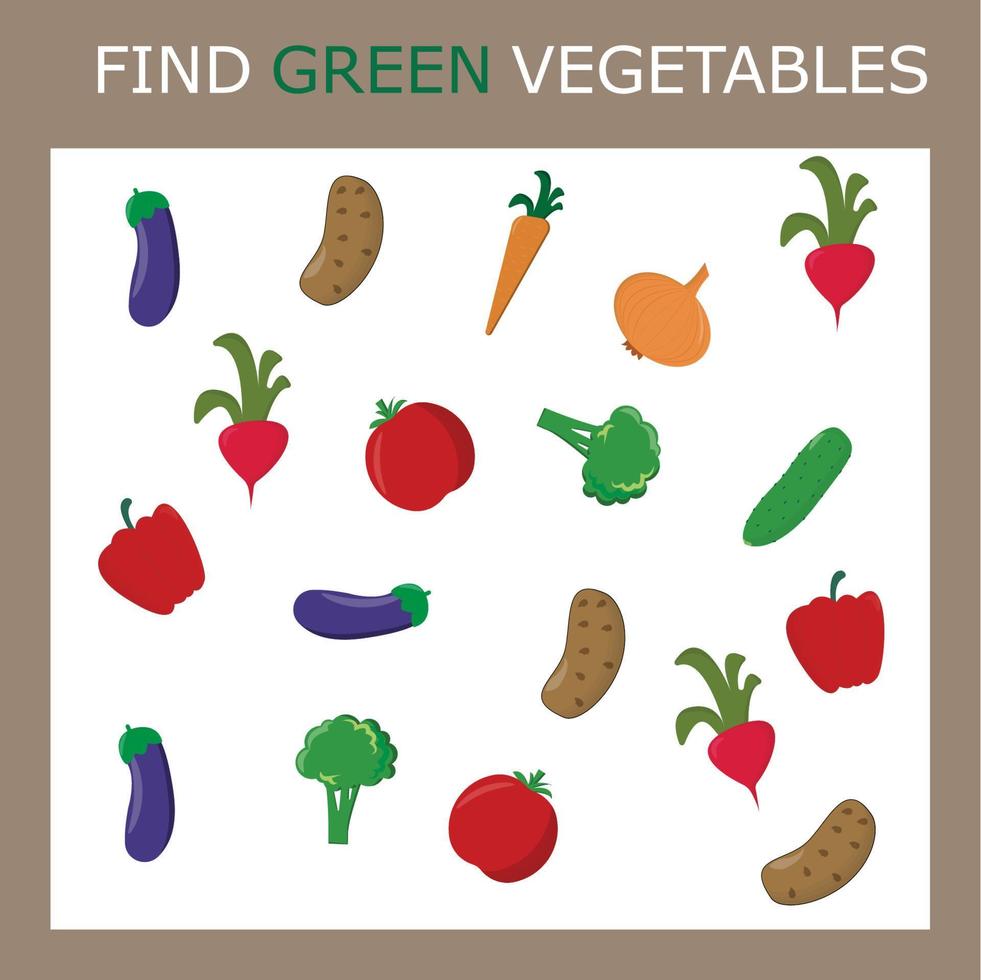 Find green vegetables. Preschool worksheet, worksheet for kids, printable worksheet vector