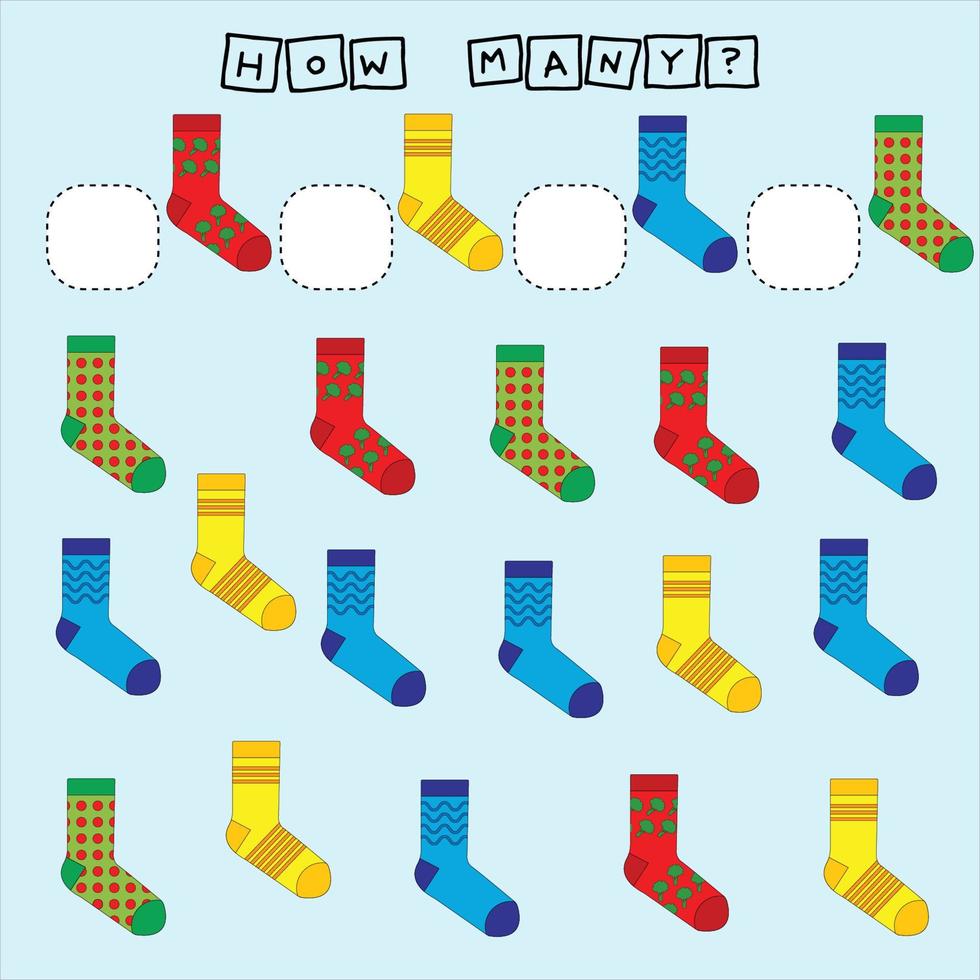 How many counting game with socks. Worksheet for preschool kids, kids activity sheet, printable worksheet vector