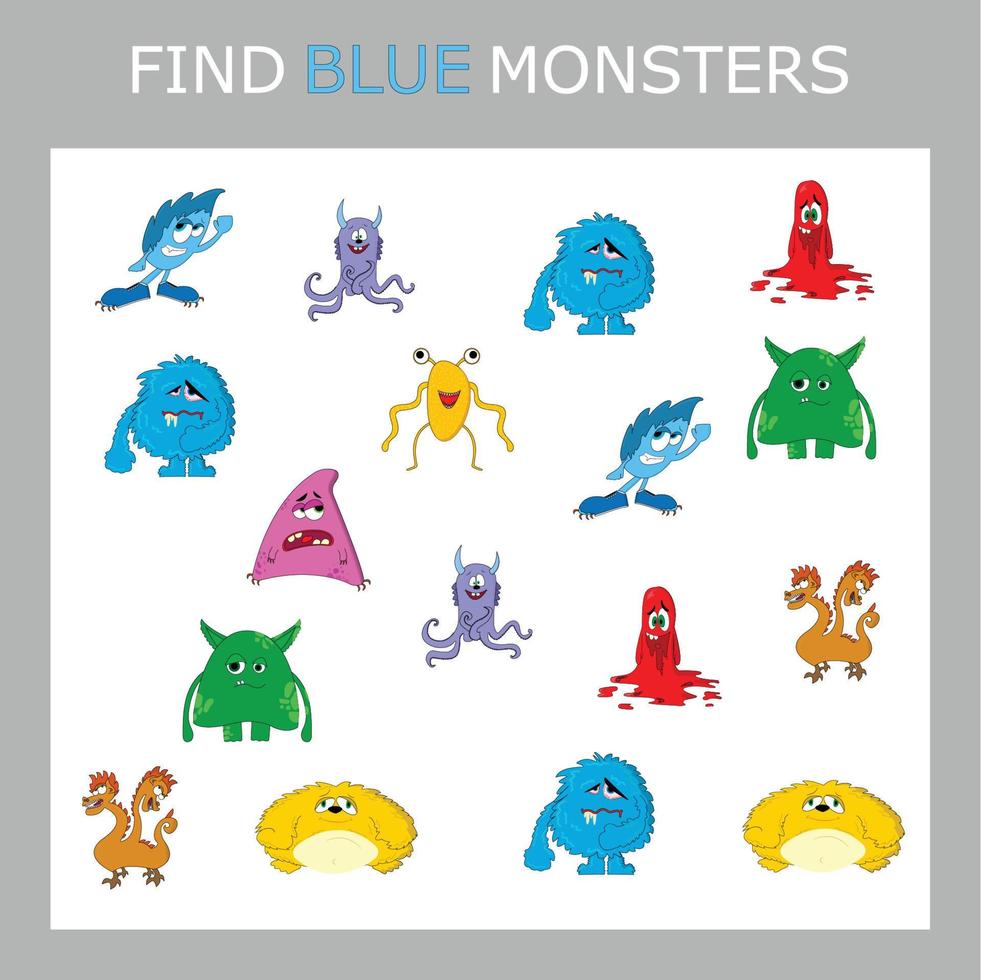 Find the blue monster character among others. Looking for blue. Logic game for children. vector