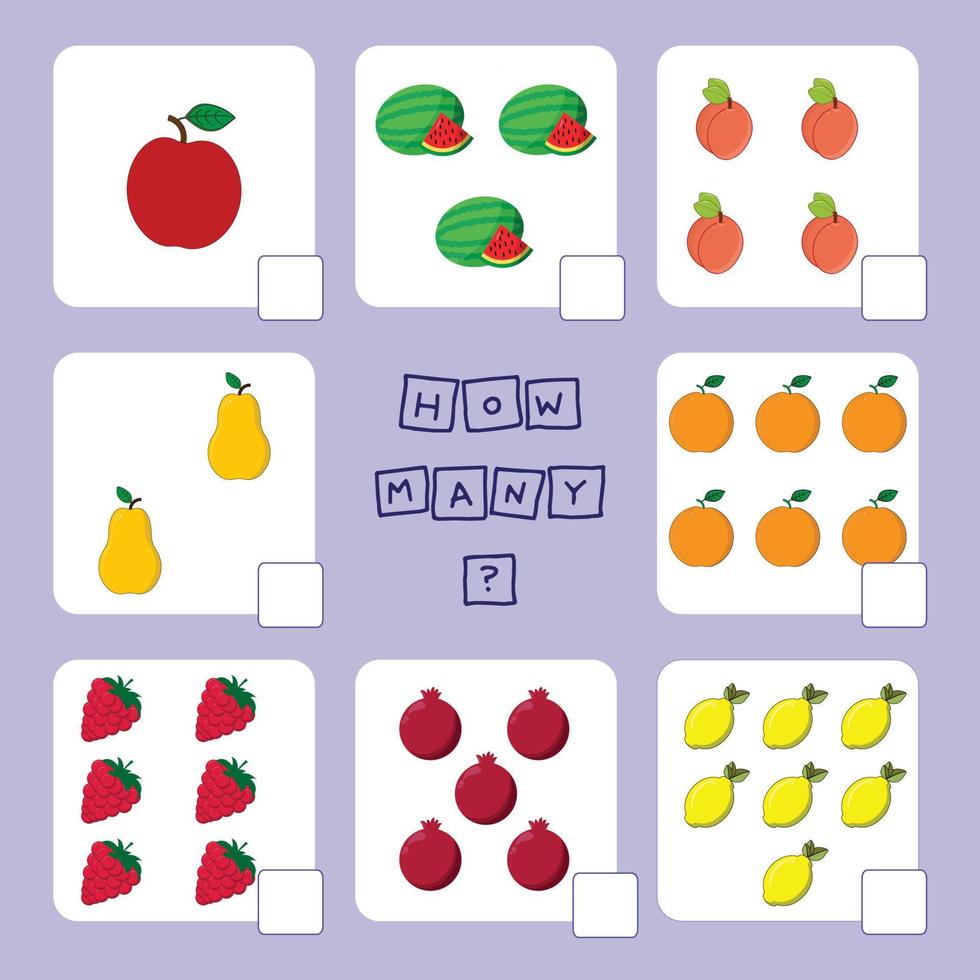 How many counting game with  fruites. Worksheet for preschool kids, kids activity sheet, printable worksheet vector