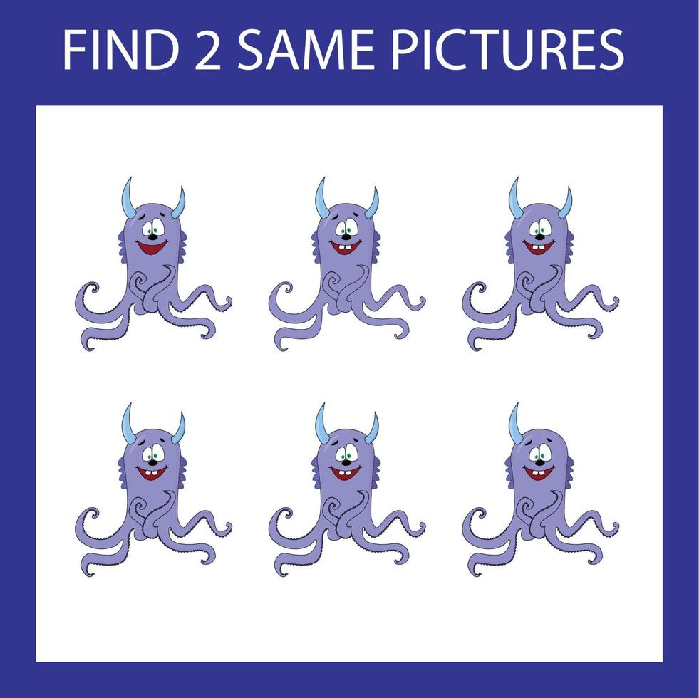 Find a pair game with funny  purple  monsters.  Worksheet for preschool kids, kids activity sheet, printable worksheet vector