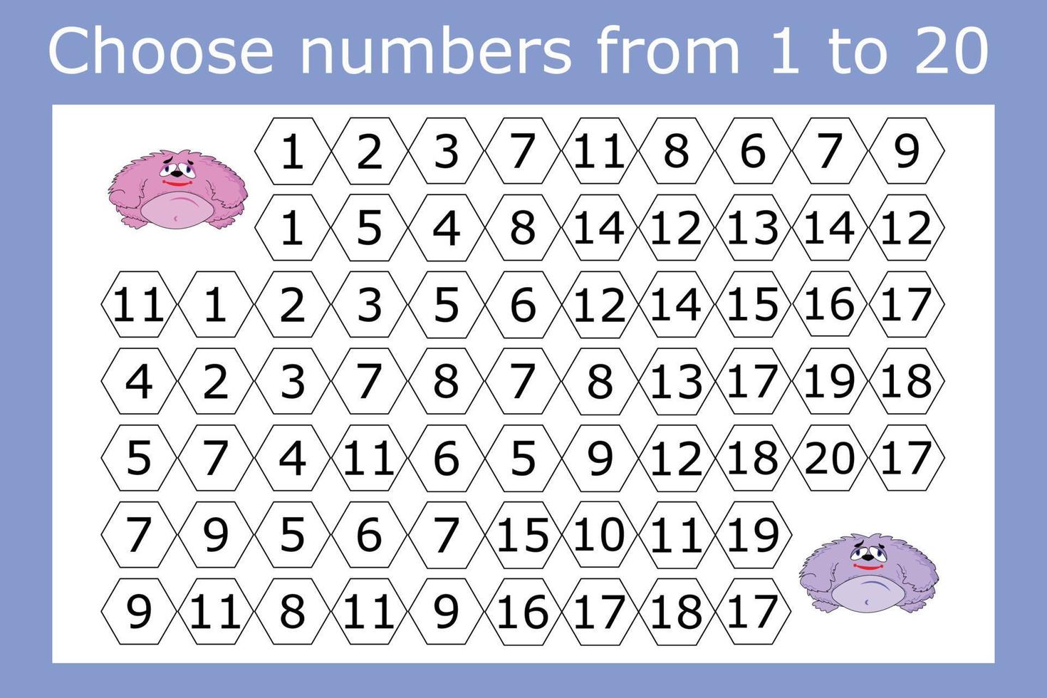 The task is to go through a maze of numbers from 1 to 20. Educational exercises for preschool children vector