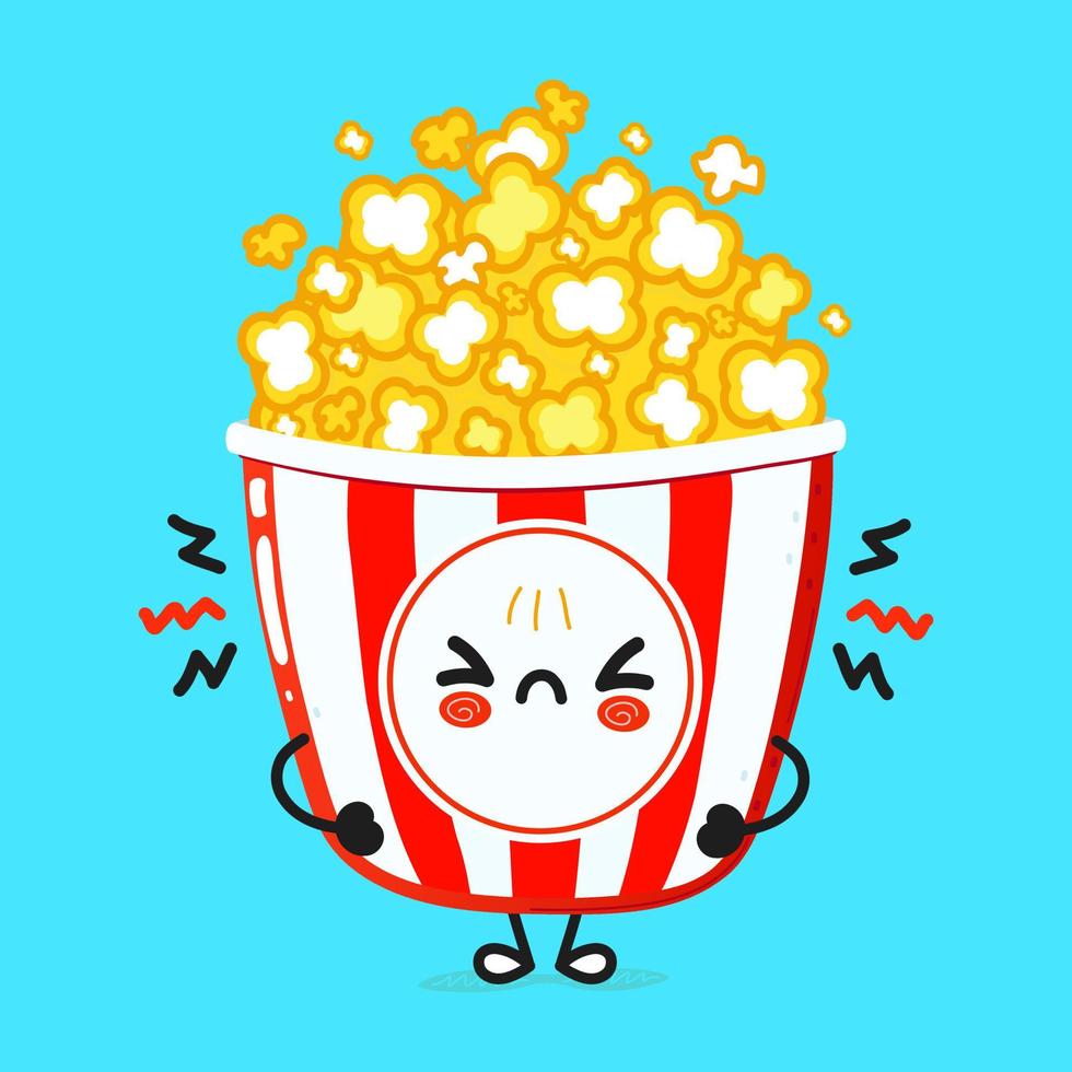 lindo personaje de palomitas de maíz enojado. icono de ilustración de personaje kawaii de dibujos animados dibujados a mano vectorial. aislado sobre fondo azul. triste concepto de personaje de palomitas de maíz vector