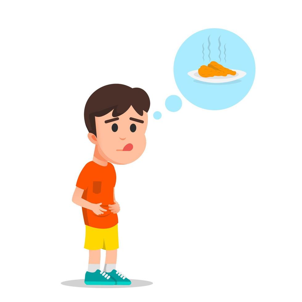 a boy is very hungry and wants fried chicken vector