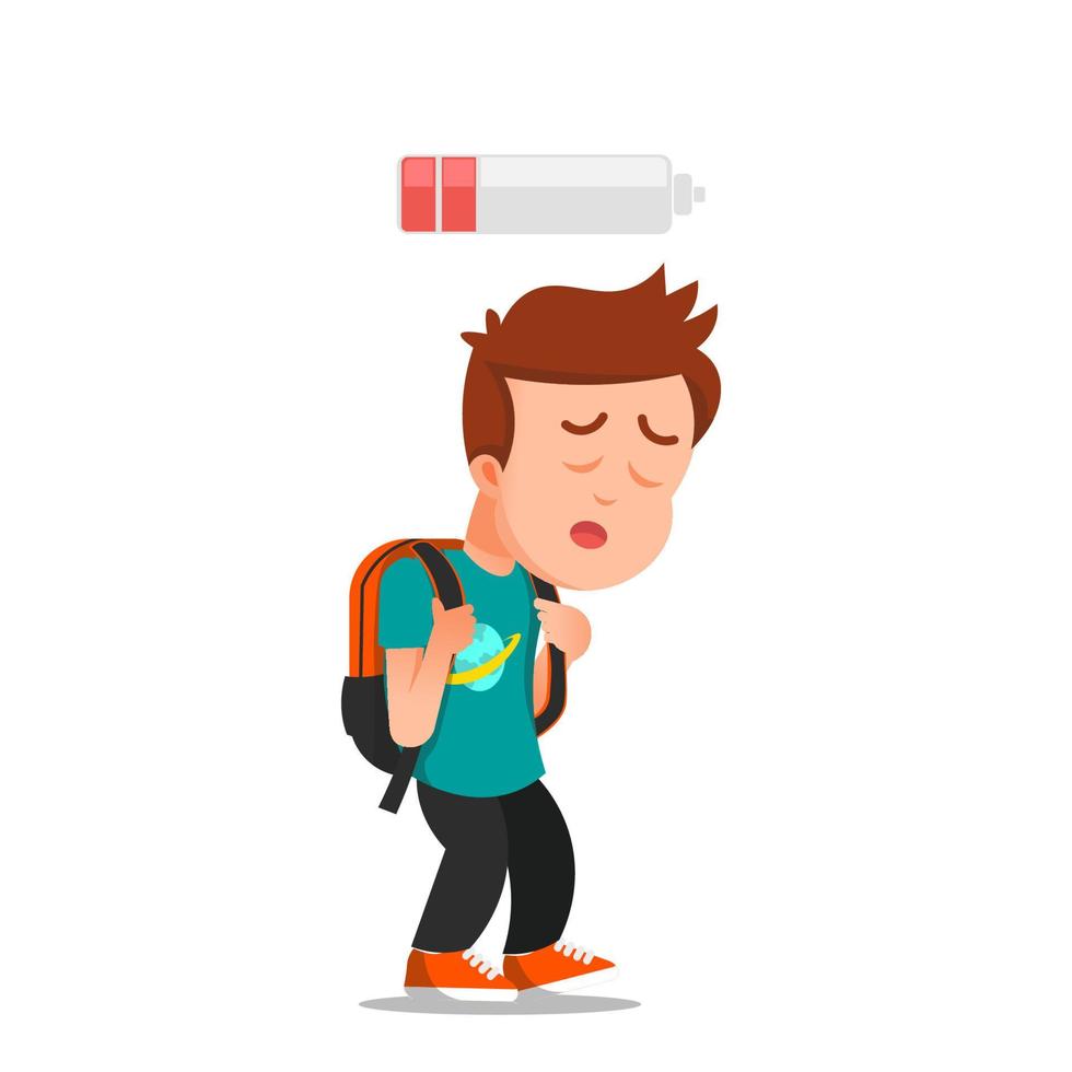 a school boy with a backpack looks sluggish because he has no energy vector