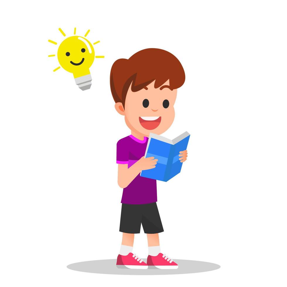 A boy reading a book with a light bulb above his head vector