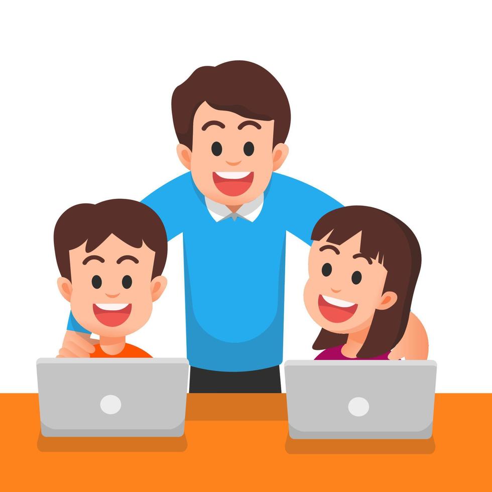 Father with his happy children using a laptop vector