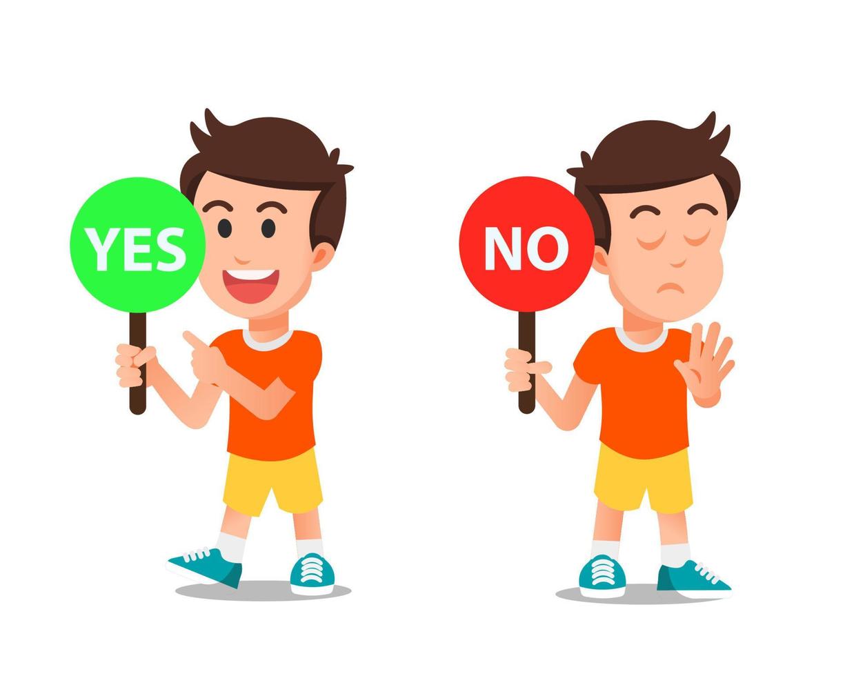 Cute boy holding yes and no sign vector