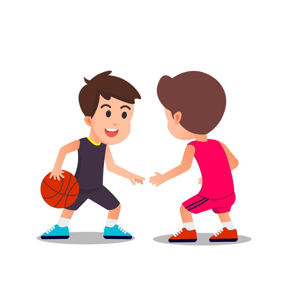 dos niños jugando baloncesto uno a uno vector