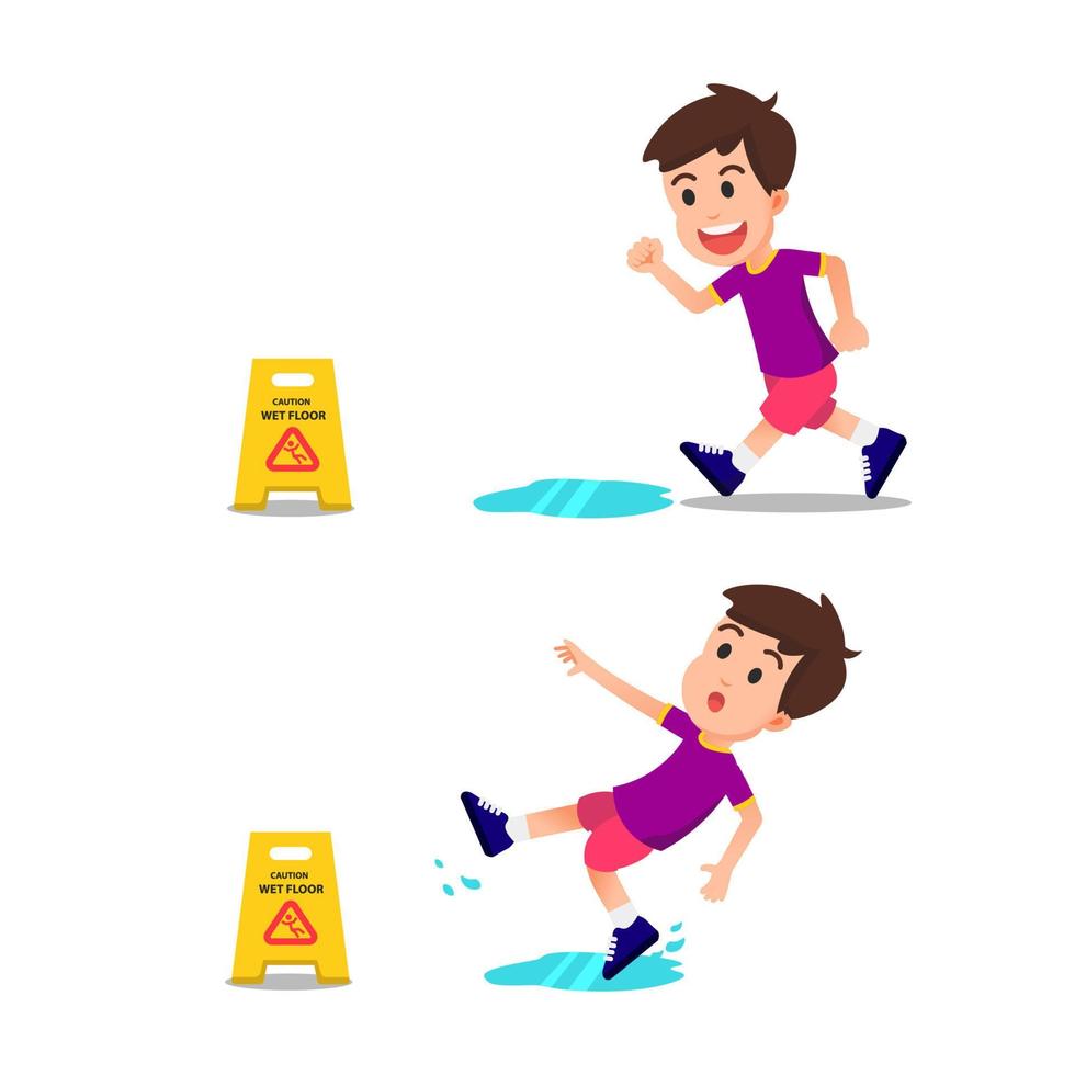 a boy ran and then slipped on the wet floor vector