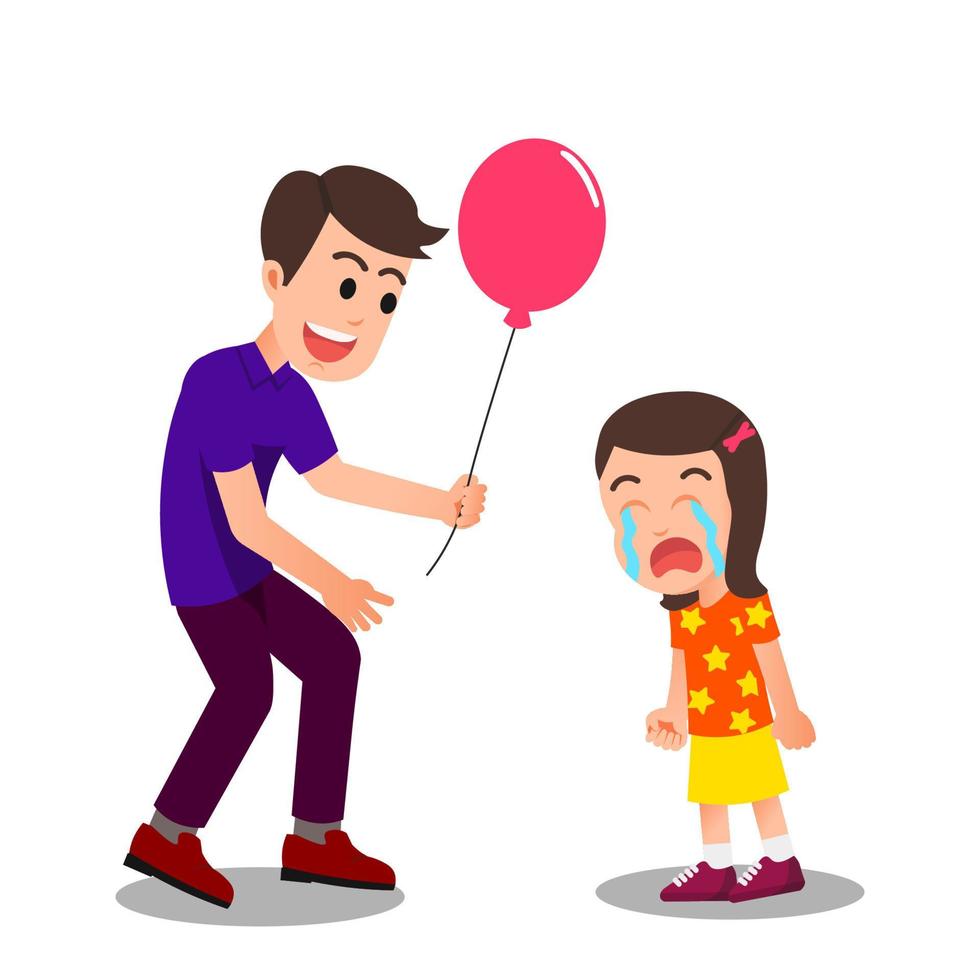 A father tries to comfort his crying daughter by giving balloons vector