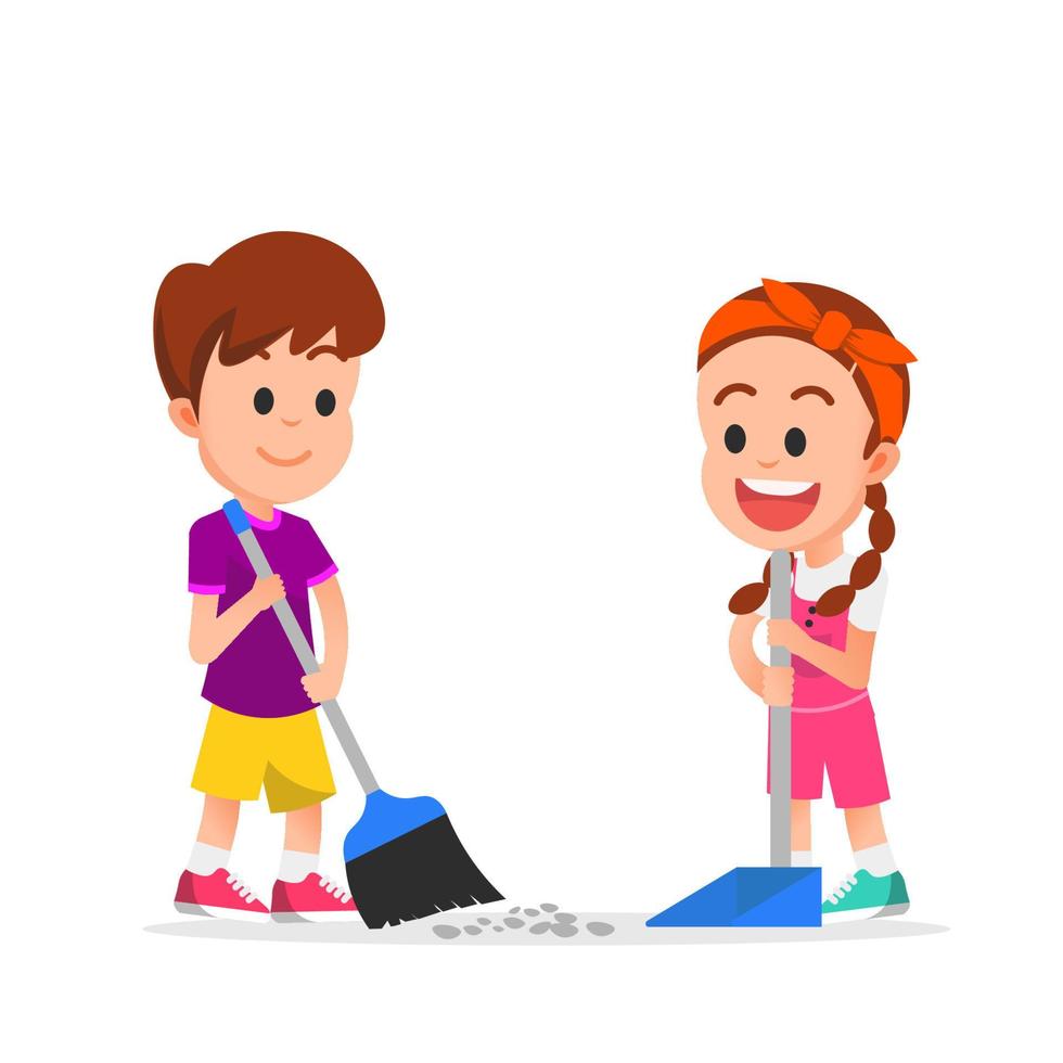 Happy boy and girl clean the floor from dust vector