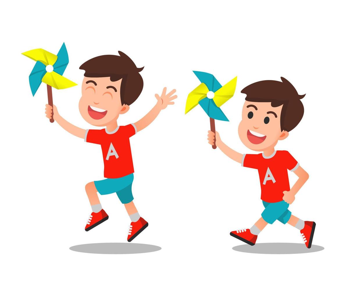 A boy playing with his paper windmill vector