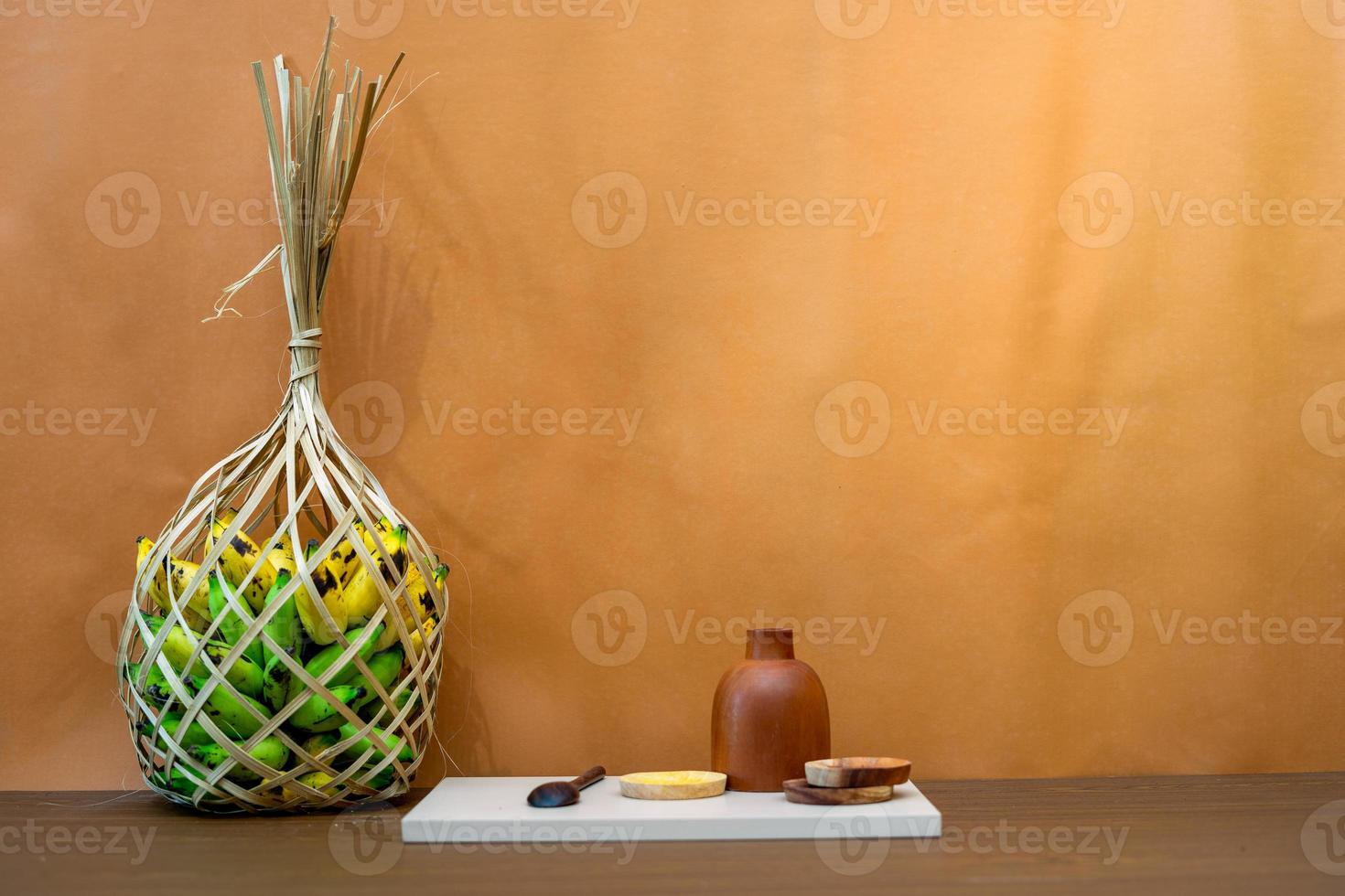 kitchen objects are arranged on the table with conceptual art. abstract compositions for decorating the living room or kitchen table. minimalist wood cooking tools photo