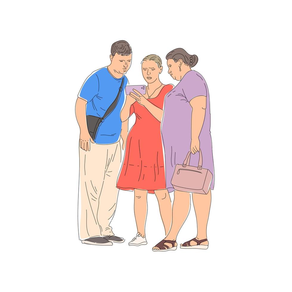 Two women and a man look at the phone with interest. Street scene. Vector illustration isolated on white background