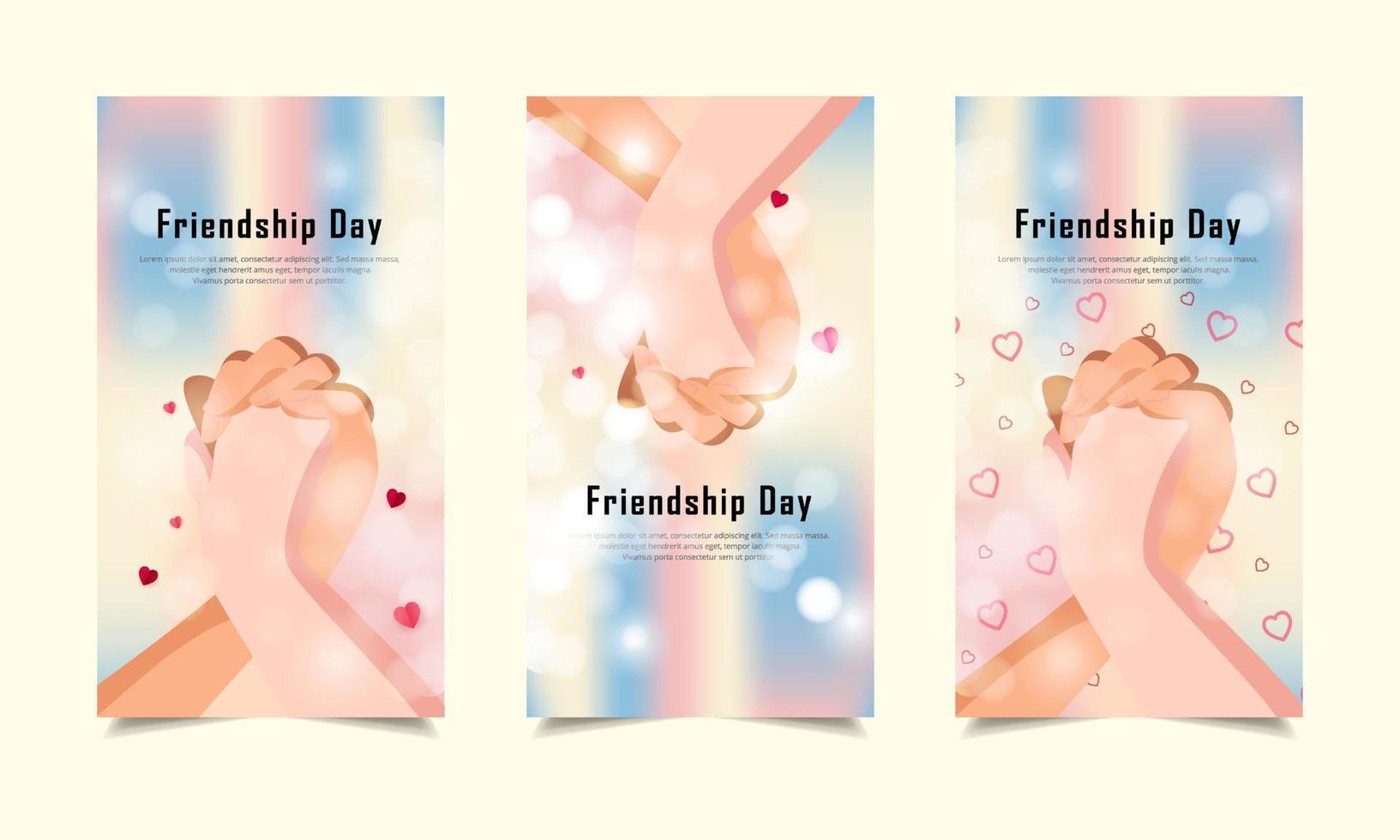 celebration friendship day design template stories with hand shake people and pastel background vector