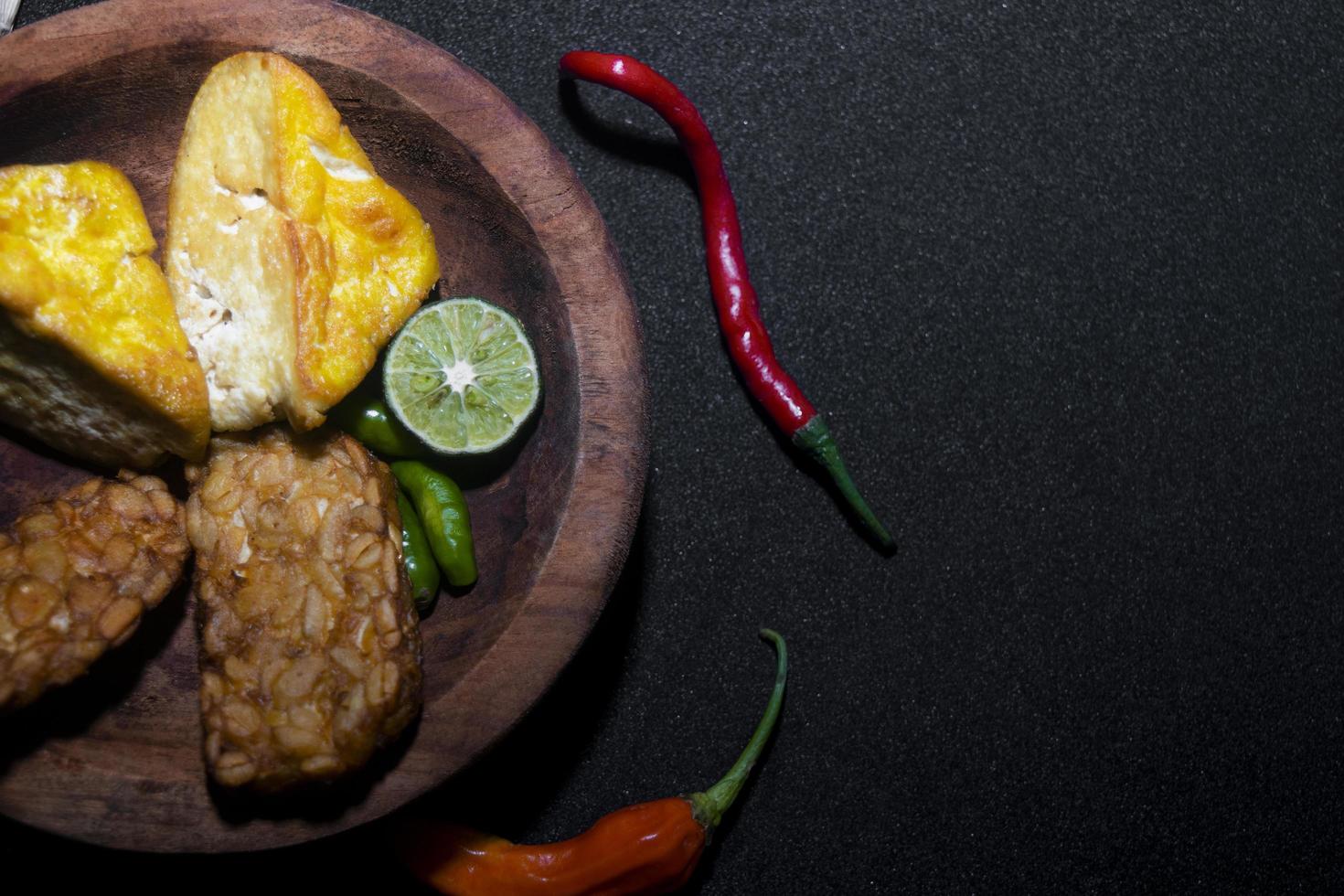 half image of fried tofu and tempeh photo