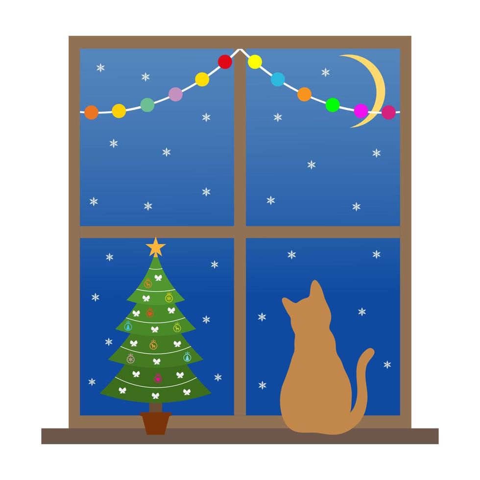 illustration of the cat sitting on the window against the starry sky vector