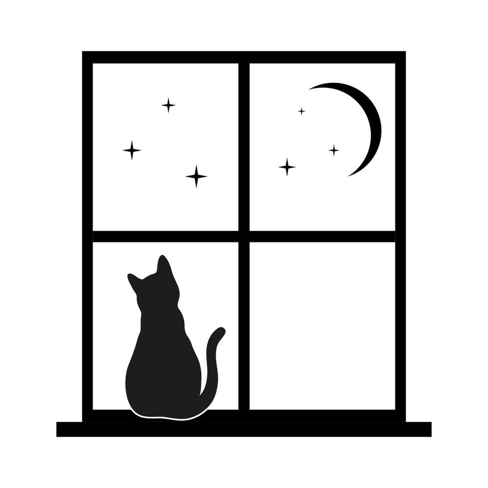 silhouette of a cat in the window against the night sky vector