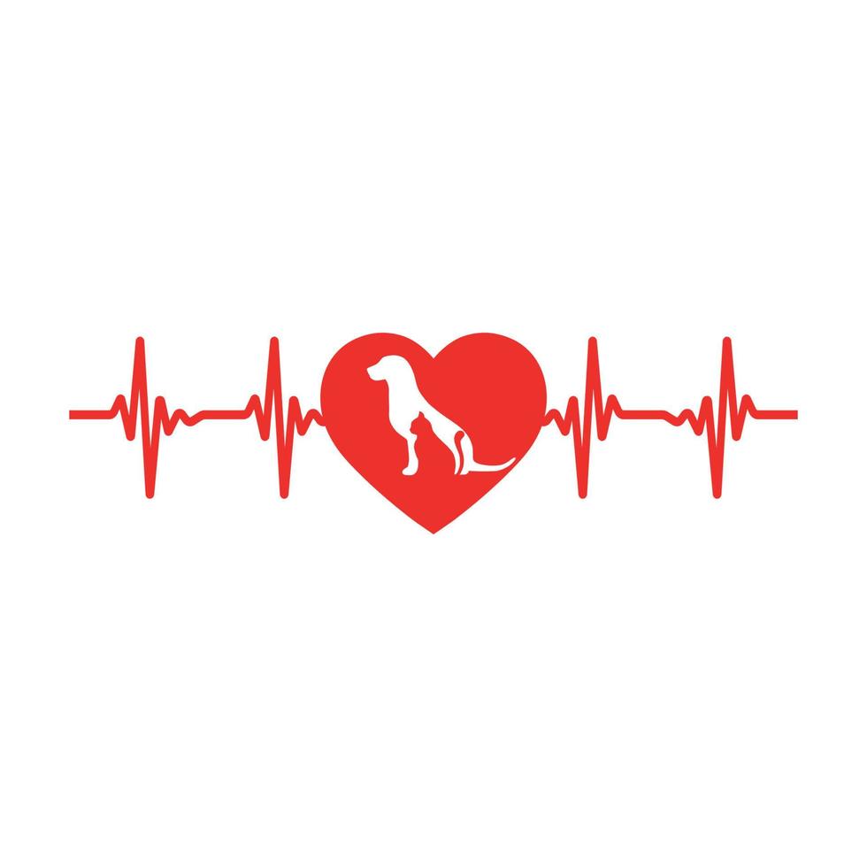emblema veterinario perro y gato en corazón con pulso vector