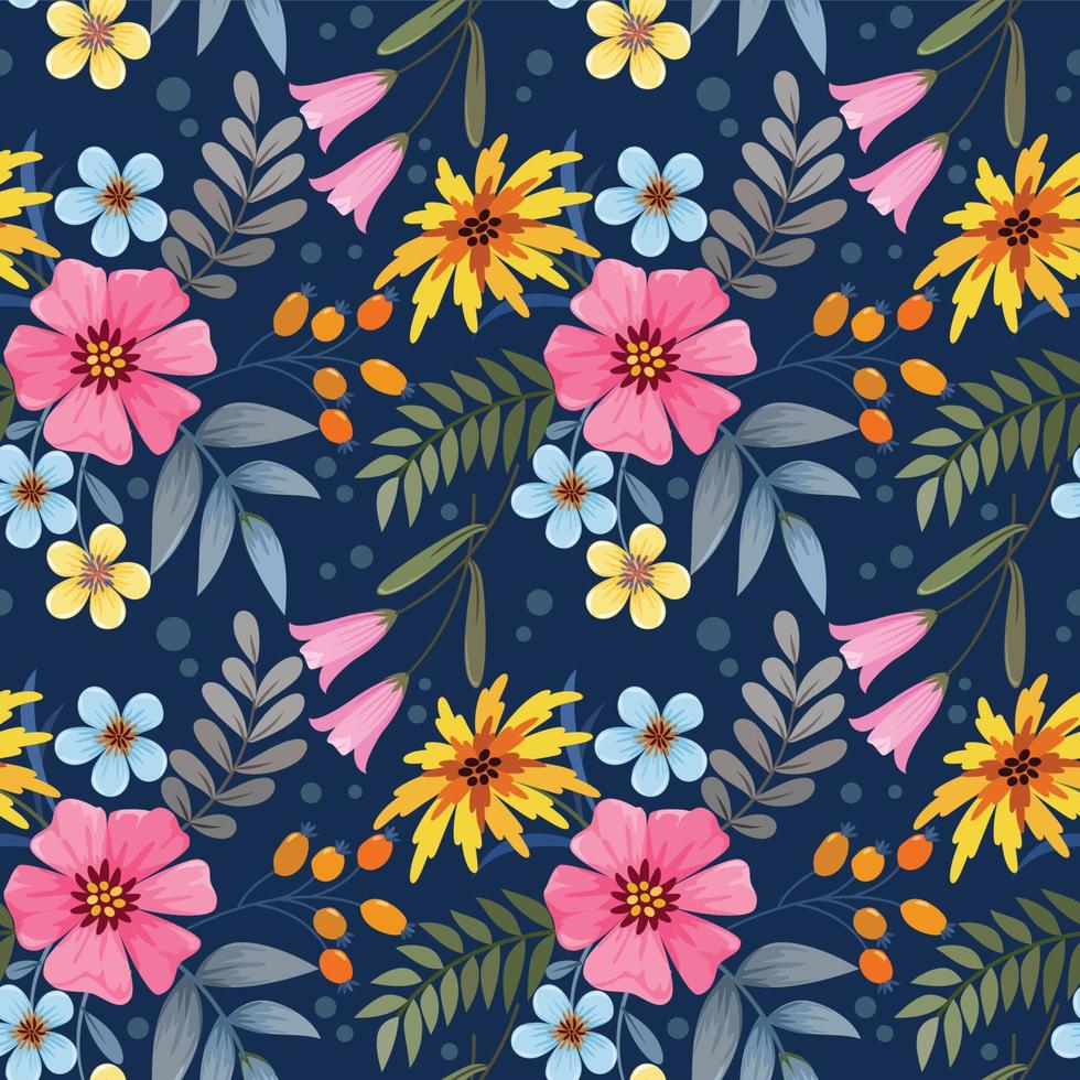 Colorful flowers on dark blue background seamless pattern. vector