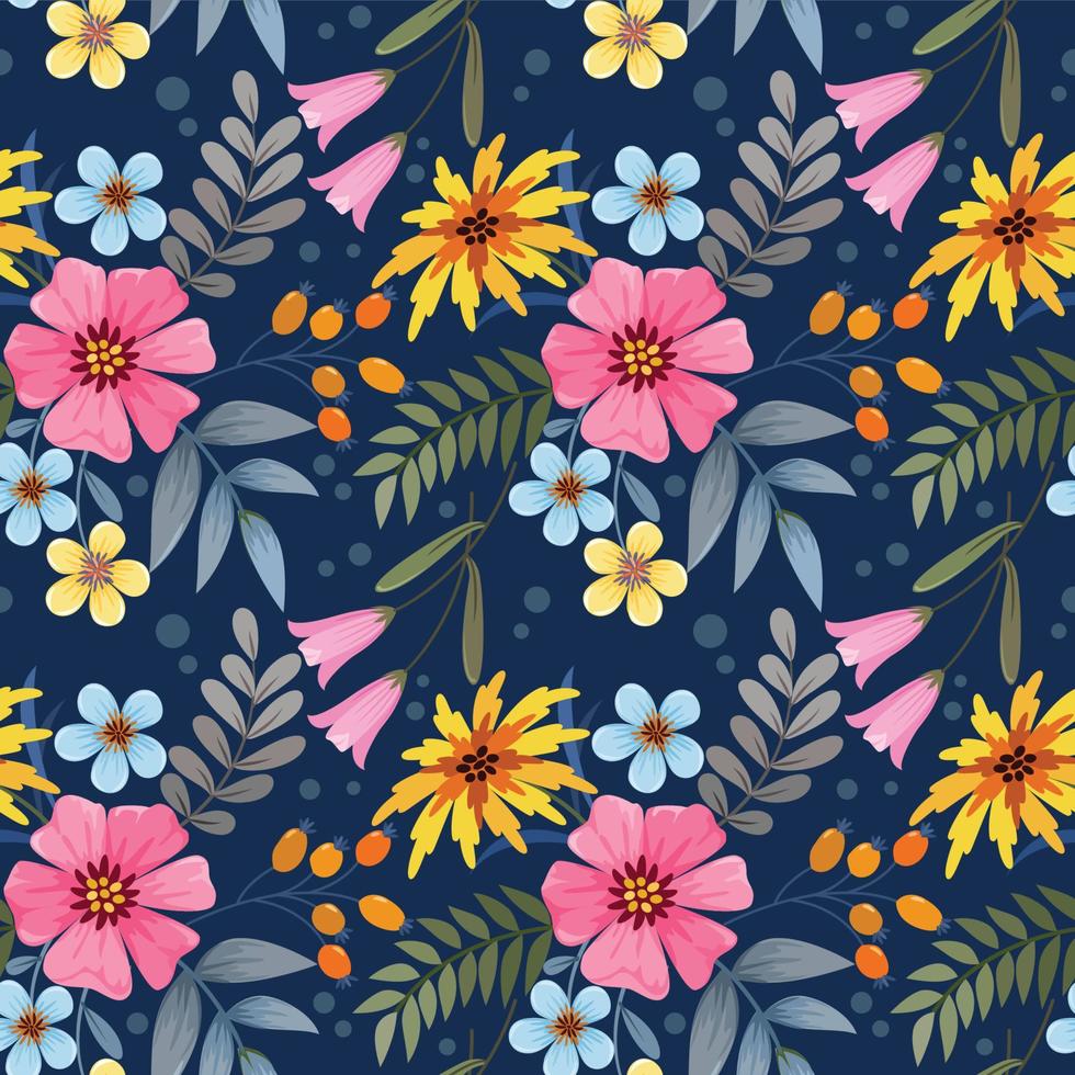 Colorful flowers on dark blue background seamless pattern. vector