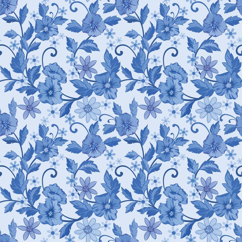 monocromo, azul, flores, y, hojas, seamless, patrón vector