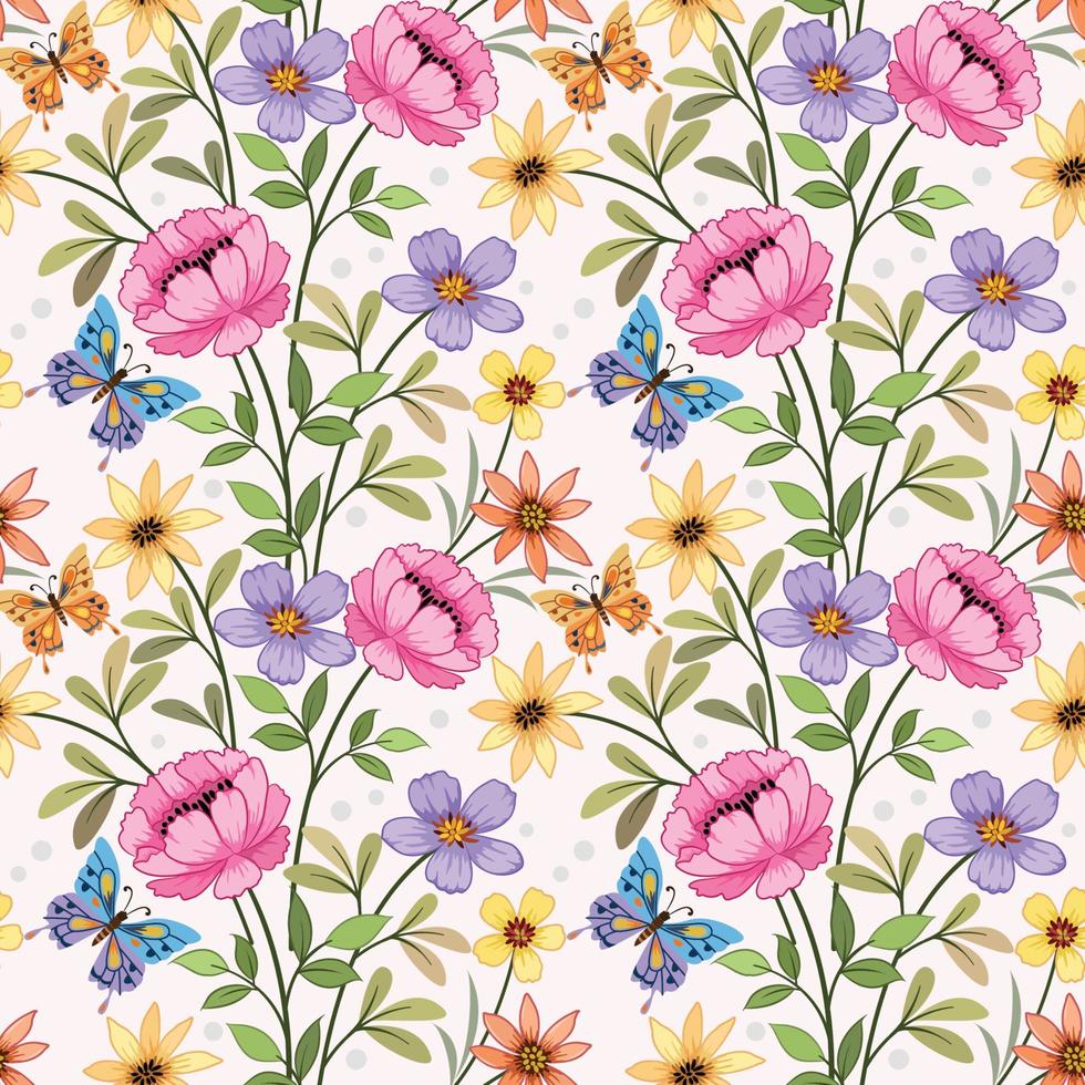 colorful flowers with butterfly seamless pattern. vector