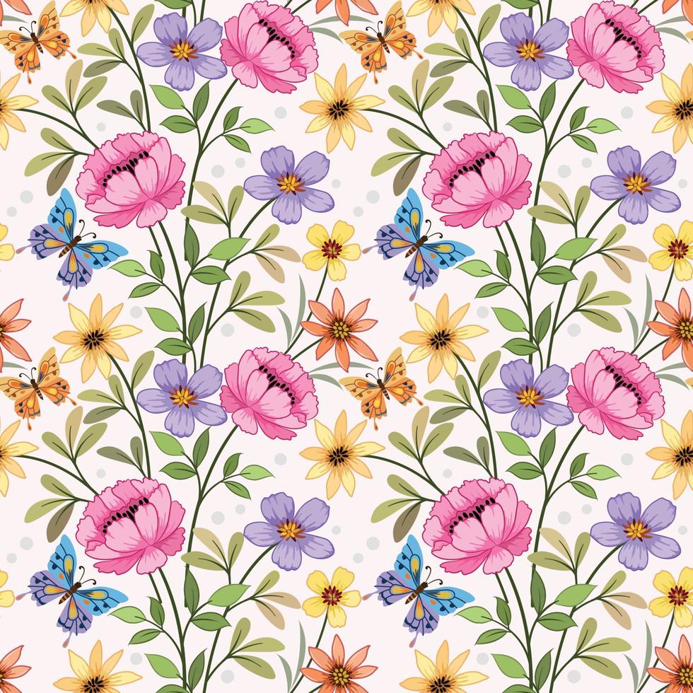 flores de colores con patrones sin fisuras de mariposa. vector