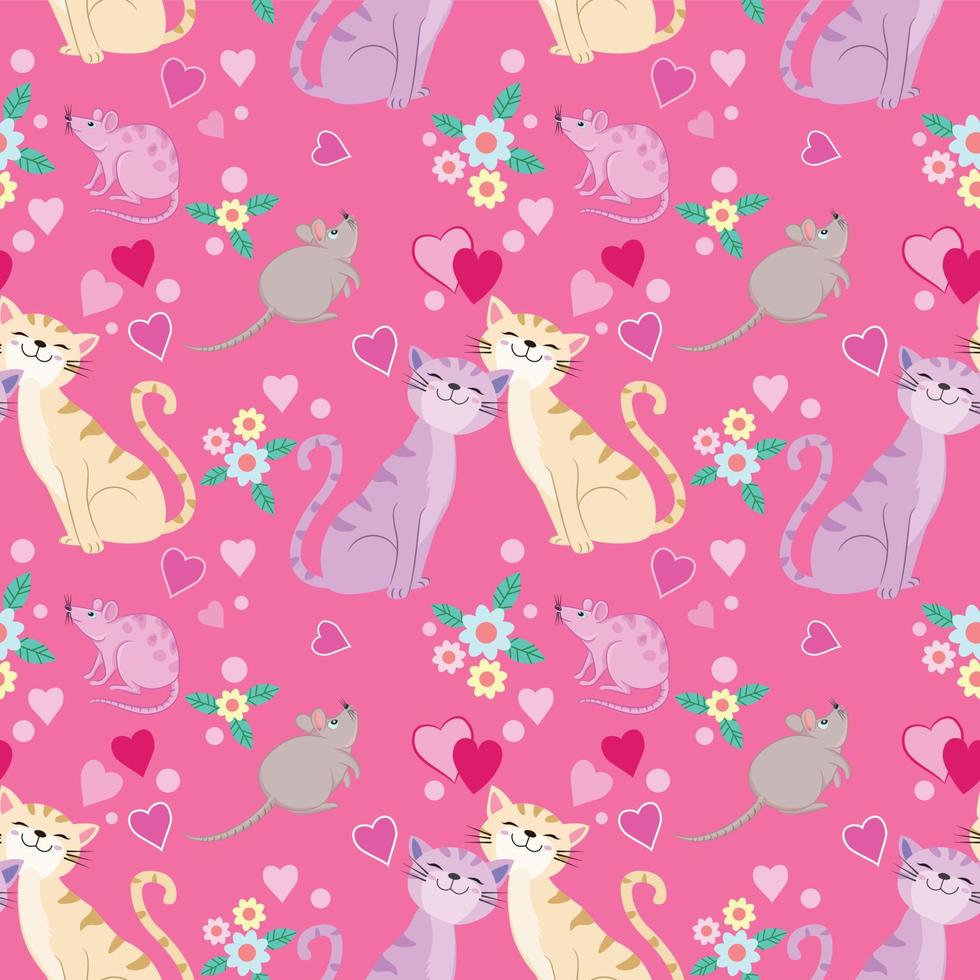 Cute cat and rat with heart shape seamless pattern vector