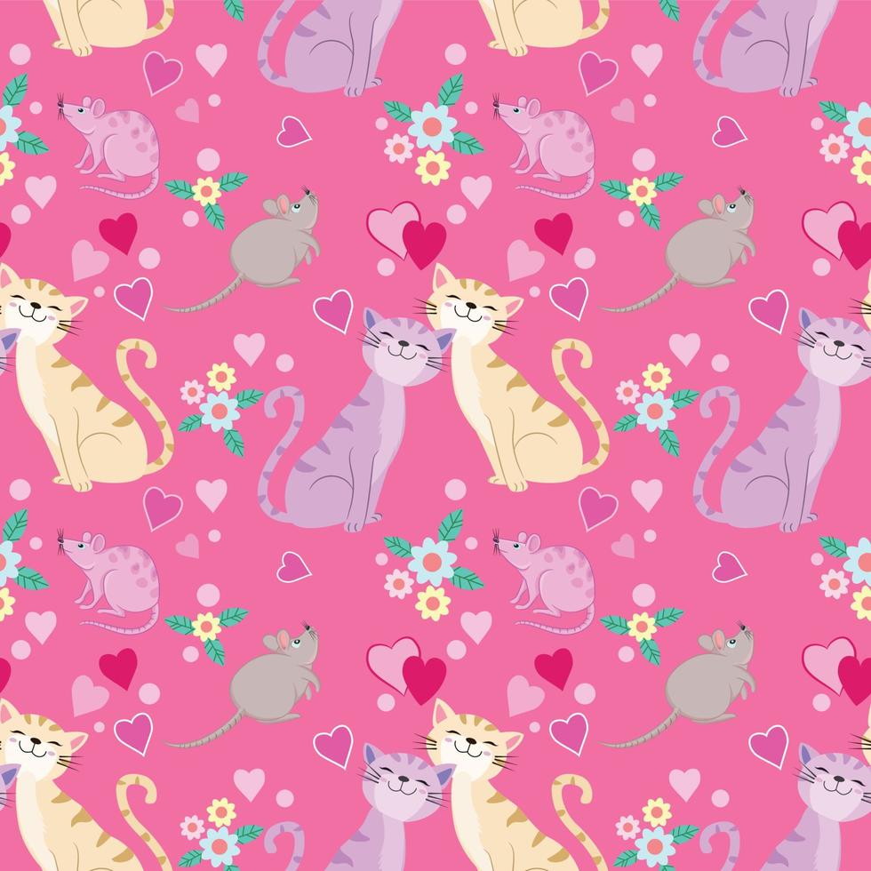 Cute cat and rat with heart shape seamless pattern vector