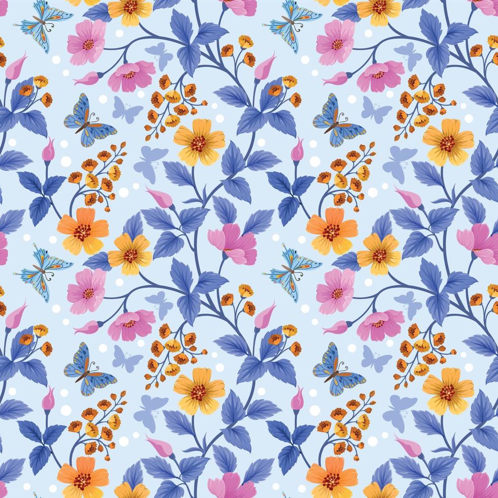 Colorful flowers and butterfly seamless pattern. vector