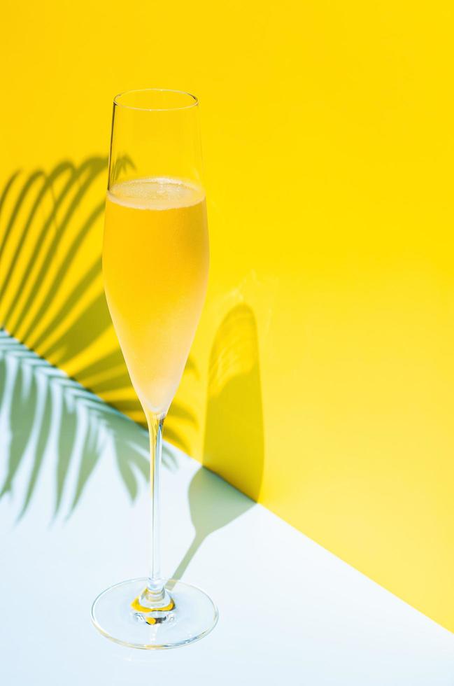 A glass of cold Champagne with vapour that has coconut leaf shadow from sun light on blue and yellow background. Summer concept. photo