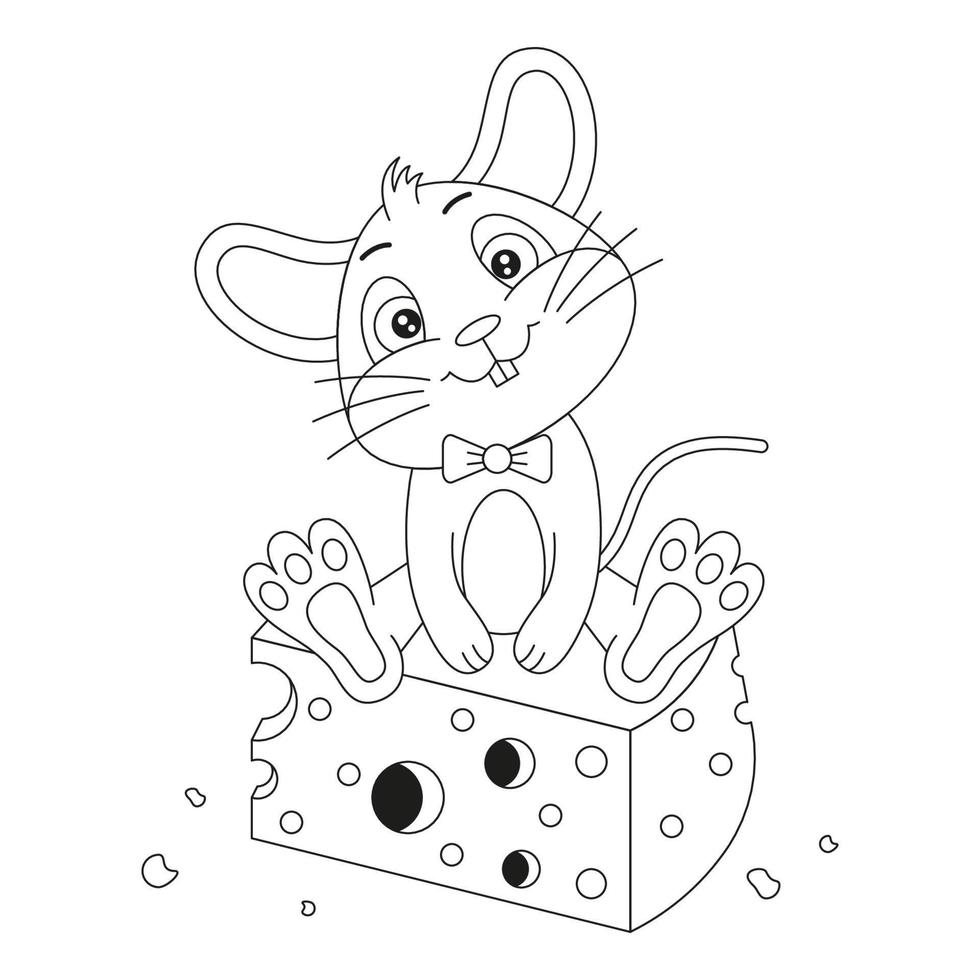 coloring page outline of cartoon cute mouse sits on cheese. colorful vector illustration, coloring book for kids